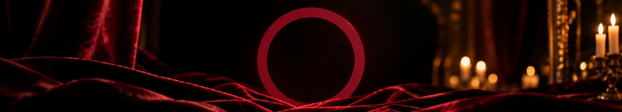 L’anneau rouge du Cercle Velours sur du velours sombre, éclairé aux bougies.