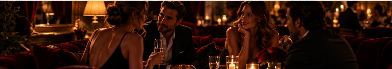 Quatre personnes échangent autour d’un verre dans un salon feutré.