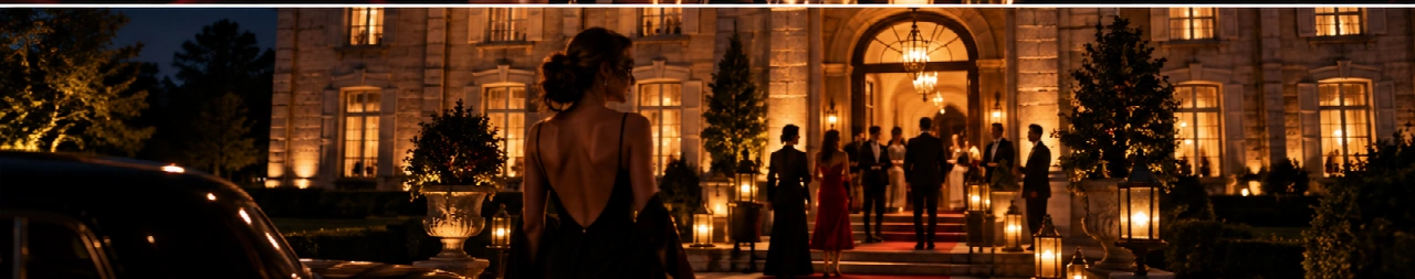 Des invités rejoignent une demeure illuminée pour une soirée.