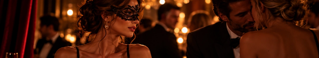 Une femme portant un masque de dentelle dans un salon éclairé aux bougies.