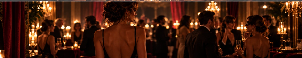 Une femme de dos découvre une soirée où plusieurs personnes discutent.